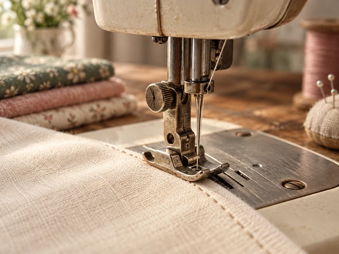 A vintage sewing machine stitching cream fabric
