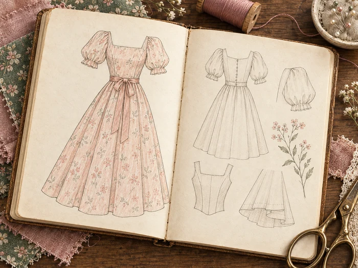 A dress design in an open sewing sketchbook
