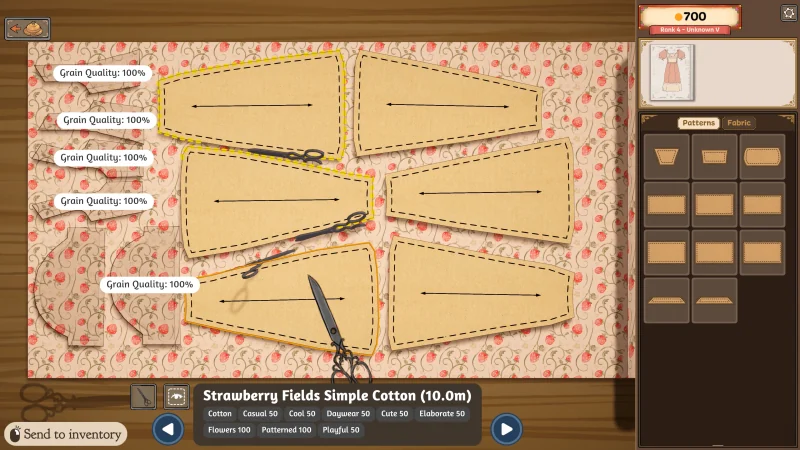 Dressmaker cutting table with pattern pieces and individual Grain Quality percentages