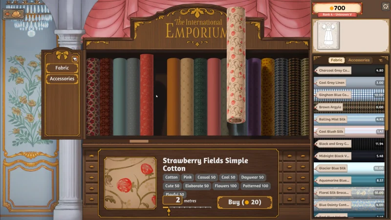 Dressmaker Emporium displaying Strawberry Fields Simple Cotton, fabric traits and a purchase quantity